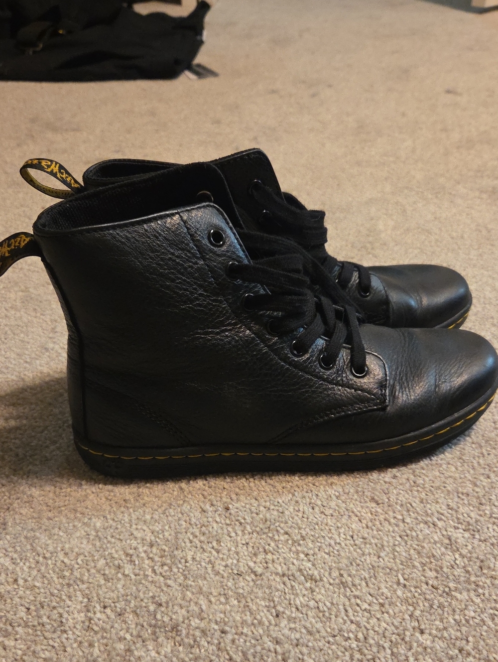 Dr. Martens Black Womens Lace-Up Boots with Yellow Stitching
